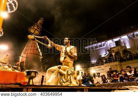 Varanasi, India - May 06, 2019 - Varanasi Ganga Aarti Rituals At Dashashwamedh Ghat Performed By You