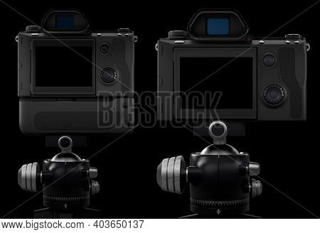 Photo And Video Tripod With Nonexistent Dslr Camera On It Isolated On Black Background With Clipping