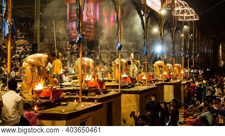 Varanasi, India - May 06, 2019 - Varanasi Ganga Aarti Rituals At Dashashwamedh Ghat Performed By You