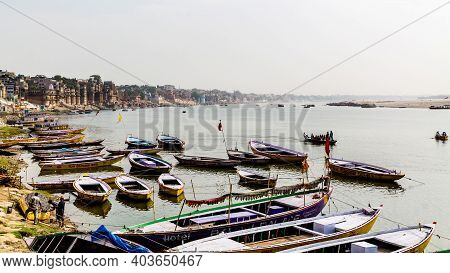 Varanasi, India - May 06, 2019 - A View Of Historic Varanasi Ghats, Ancient Temples And Buildings Al