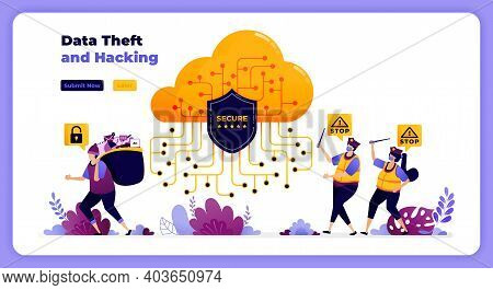 Cloud Security Guard Systems From Theft And Misuse Of Digital User Data. Vector Illustration For Lan