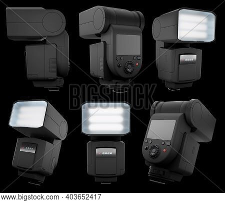 Camera External Flash Speedlight Isolated On Black Background With Clipping Path. 3d Rendering And I