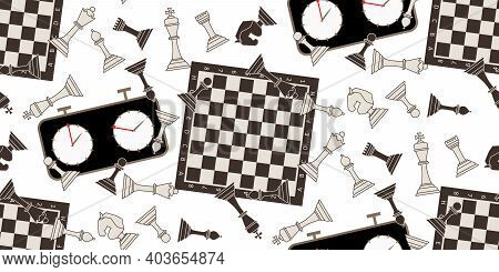 Seamless Pattern With Chess Pieces. Monochrome Flat King, Queen, Bishop, Knight, Rook, Pawn, Chess B
