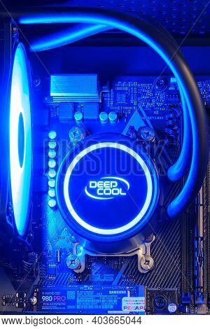 Computer Parts Inside Pc With Ice Blue Led Liquid Cooling - Moscow, Russia, December 23, 2020