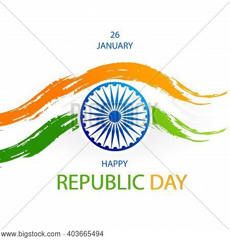 26 January Text In Saffron And Green Color With Ashok Wheel On White Background For Happy Republic D