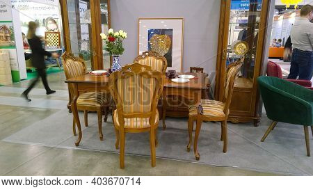 St. Petersburg, Russia - November 3, 2019: Elite Modern Furniture Made Of Natural Wood At Exhibition