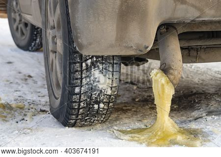 Frozen Yellow Water Condensate With Gasoline From The Exhaust Pipe Of A Car On The Snow In The Cold 