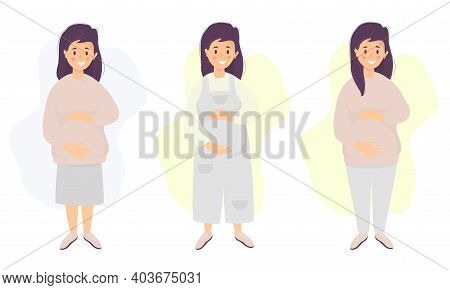 Motherhood. Vector Set Happy Pregnant Woman Tenderly Hugs Her Belly With Hands In Different Clothes 