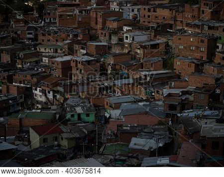 Panorama Cityscape Of Colorful Brick Houses In Comuna 13 San Javier Neighborhood Poverty Slum In Med
