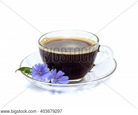 Drink With Chicory And Flowers Chicory ( Cichorium Intybus ) On White Background. Roots Used As A Co