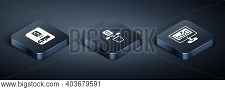 Set Isometric Financial Book, Computer With Growth Graph And Dollar Plant Icon. Vector