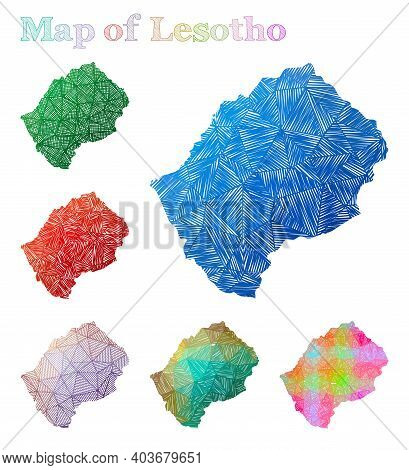 Hand-drawn Map Of Lesotho. Colorful Country Shape. Sketchy Lesotho Maps Collection. Vector Illustrat