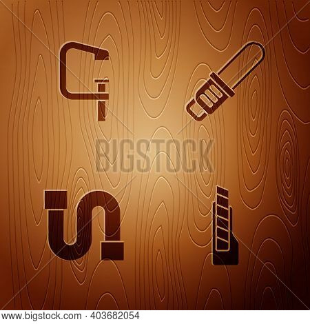 Set Stationery Knife, Clamp And Screw Tool, Industry Pipe And Chainsaw On Wooden Background. Vector