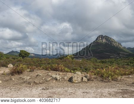 Landscape With View Of Limestone Mountain Monte Oseli, Green Forest, Trees And Hills In Region Oglia
