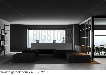 Interior Of Minimalistic Office With Gray Walls, Concrete Floor, White Reception Desk And Soft Grey 