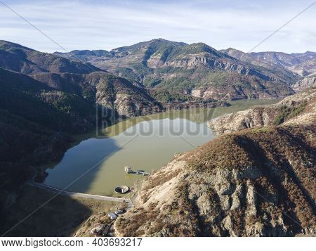 Amazing Aerial View Of Borovitsa Reservoir At Rhodope Mountains, Bulgaria
