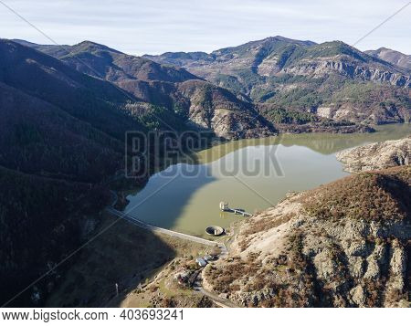 Amazing Aerial View Of Borovitsa Reservoir At Rhodope Mountains, Bulgaria