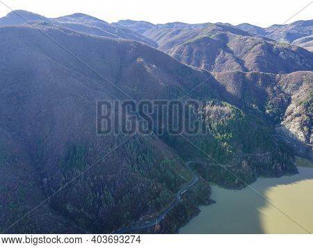 Amazing Aerial View Of Borovitsa Reservoir At Rhodope Mountains, Bulgaria