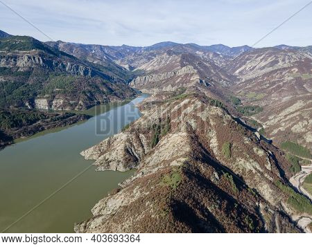Amazing Aerial View Of Borovitsa Reservoir At Rhodope Mountains, Bulgaria