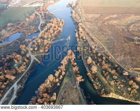 Aerial View Of Vacha River, Pouring Into The Maritsa River Near City Of Plovdiv, Bulgaria