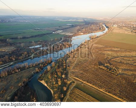 Aerial View Of Vacha River, Pouring Into The Maritsa River Near City Of Plovdiv, Bulgaria