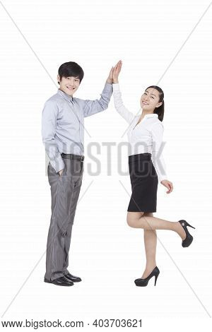 Portrait Of Business Man And Business Woman Claping High Quality Photo