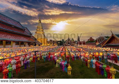 Colorful Lamp And Lantern In Loi Krathong Wat Phra That Haripunchai Lamphun Thailand.