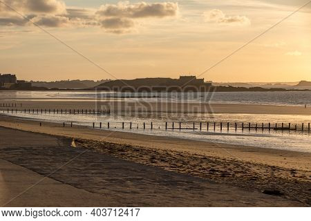 The Evening Light On Beach And Olt Town Of Saint Malo , France, Ille Et Vilaine, Brittany, France,