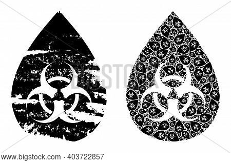 Vector Biohazard Drop Collage Is Organized Of Scattered Fractal Biohazard Drop Pictograms. Grunge Bi