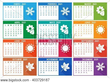 Spanish 2021 Year Vector Calendar. Week Starts On Lunes Monday. Colorful Illustration