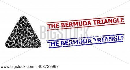 Rounded Triangle Star Mosaic And Grunge The Bermuda Triangle Stamps. Red And Blue Stamps With Grunge