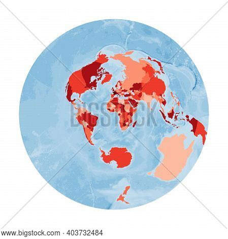 World Map. Airy's Minimum-error Azimuthal Projection. World In Red Colors With Blue Ocean. Vector Il