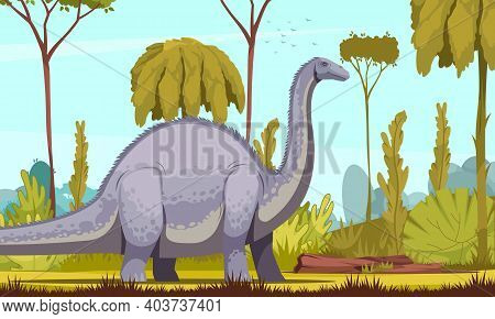 Dinosaurs Horizontal Vector Illustration With Diplodocus Cartoon Image As Longest And Largest Herbiv