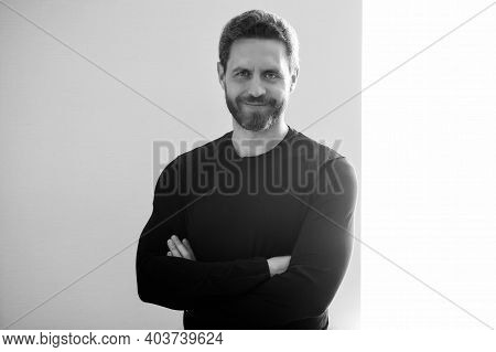 Happy Mature Man With Grey Beard Hair Smile With Confidence Indoors, Unshaven.