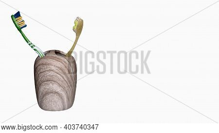 Toothbrushes In A Ceramic Case On A White Background.