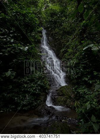 Panorama Of Waterfall Cascade In Tropical Rain Cloud Forest Mindo Valley Jungle Nambillo Ecuador And