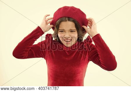 Please No. Childhood Concept. Small Beauty Isolated On White. Kid Has Perfect Skin And Hair. Parisia