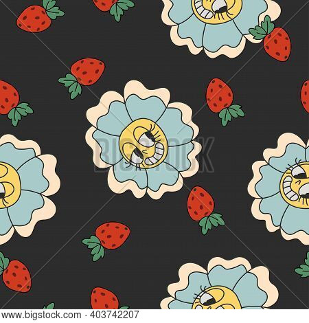 Vector Seamless Pattern With Cute Cartoon Daisy Flowers And Straberrys In Retro Style. Hand Drawn Te