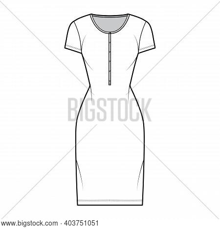 Shirt Dress Technical Fashion Illustration With Henley Neck, Short Sleeves, Knee Length, Fitted Body