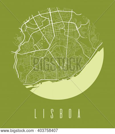 Lisbon Map Poster. Decorative Design Street Map Of Lisbon City. Cityscape Aria Panorama Silhouette A