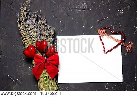 Valentines Day Congratulation. Red Rose And Greeting Card With Heart Sign On Black Background Top Vi