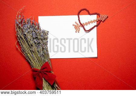 Valentines Day Congratulation. Red Rose And Greeting Card With Heart Sign On Black Background Top Vi