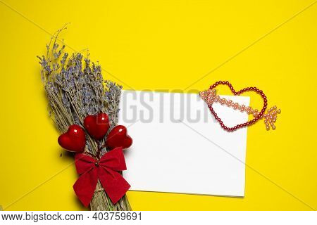 Valentines Day Congratulation. Red Rose And Greeting Card With Heart Sign On Yellow Background Top V