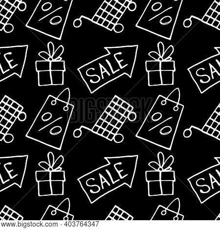 Vector Seamless Pattern With Inscriptions And Symbols Sale. Hand Drawn Background And Texture On The