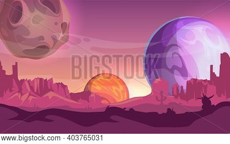Cosmos Background. Universe, View From Another Planets. Cartoon Space, Magic World Vector Illustrati