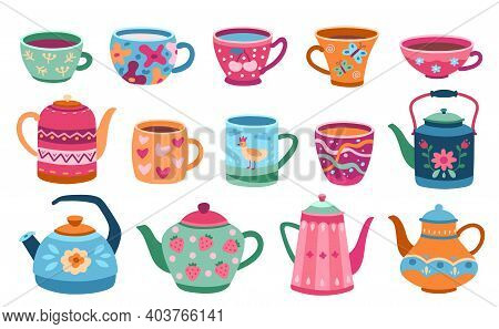 Cups And Teapot. Scandinavian Kitchen Cup, Trendy Colored Coffee Mug Kettles. Floral Ornaments Crock