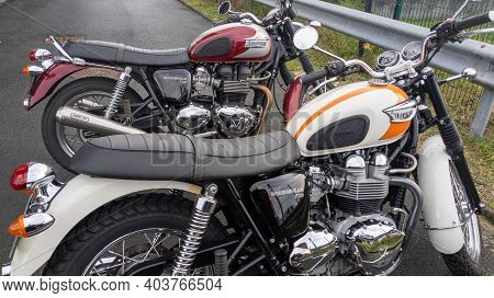 Bordeaux , Aquitaine  France - 01 10 2021 : Triumph Bonneville T100 Motorcycle Two Models Parked In 