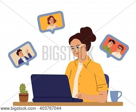 Remote Work Girl. Freelancer, Distance Learning Or Communication. Video Conference, Chat With Friend
