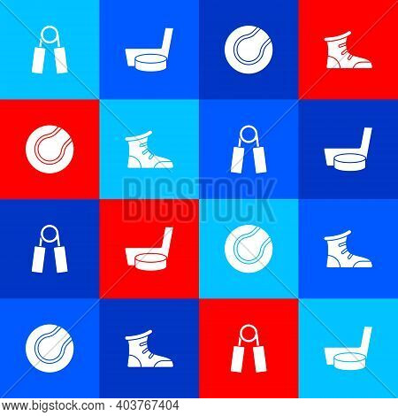 Set Sport Expander, Ice Hockey Stick Puck, Tennis Ball And Boxing Shoes Icon. Vector