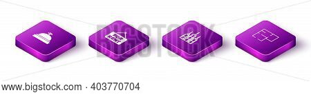 Set Isometric Hotel Service Bell, Hanging Sign With For Rent, Skyscraper And House Plan Icon. Vector